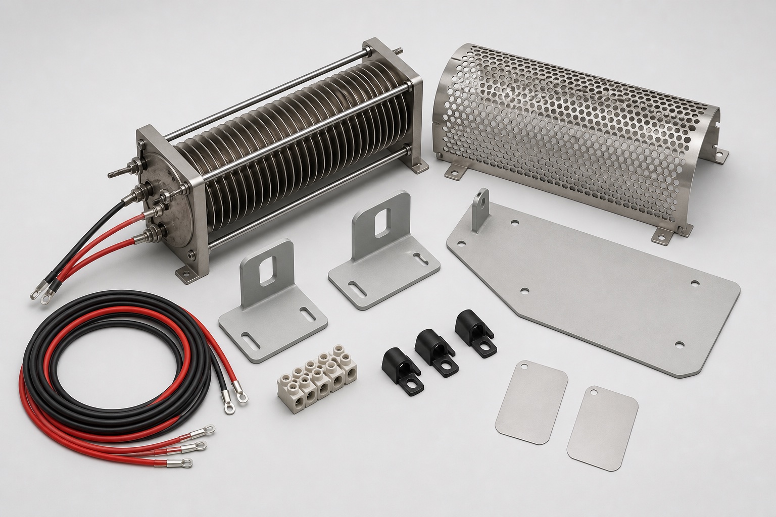 Concept illustration of a heater assembly kit with guard, brackets, wiring, and terminals