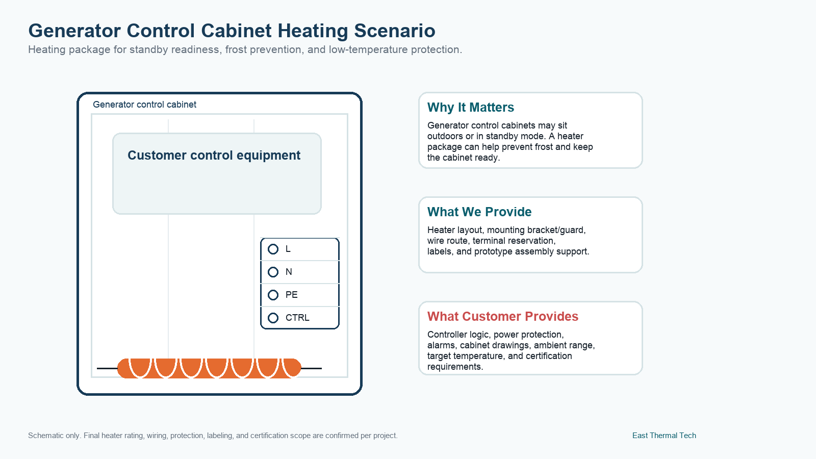 Generator control cabinet heating schematic showing heater placement and customer control boundary